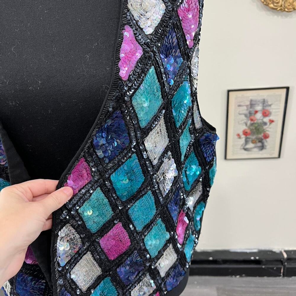 Vintage Y2K CANTOS Sequin Harlequin Vest - Picture 2 of 3